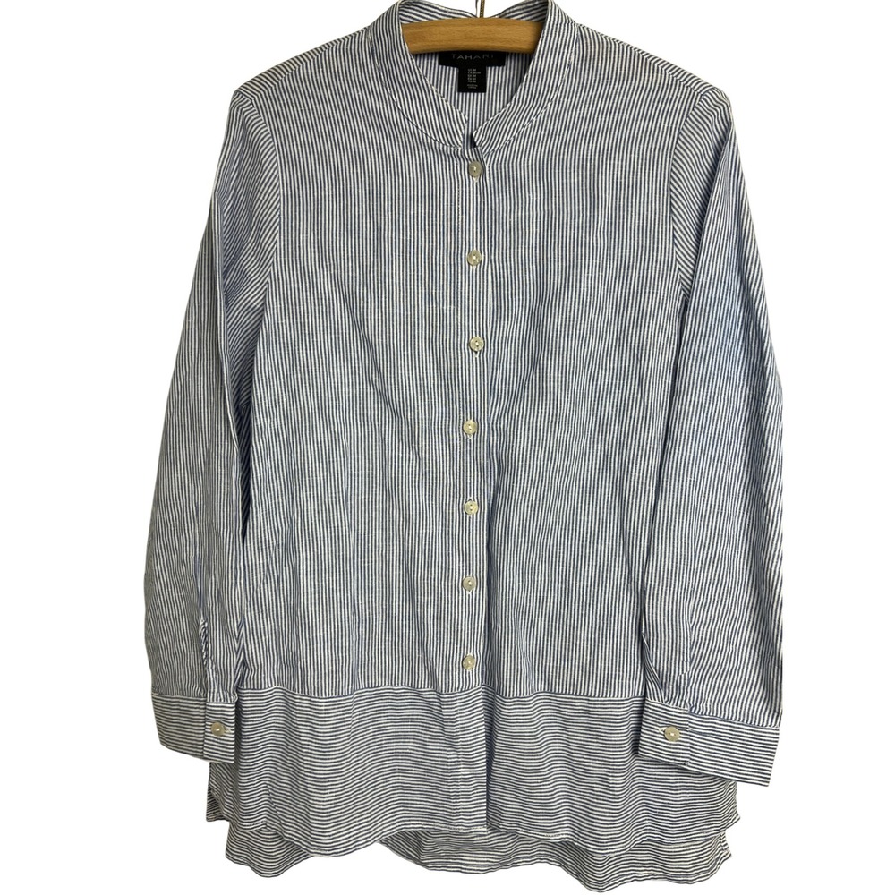 Tahari Button Down Shirt Womens Medium Blue Striped Linen Blend Tunic Blouse A03